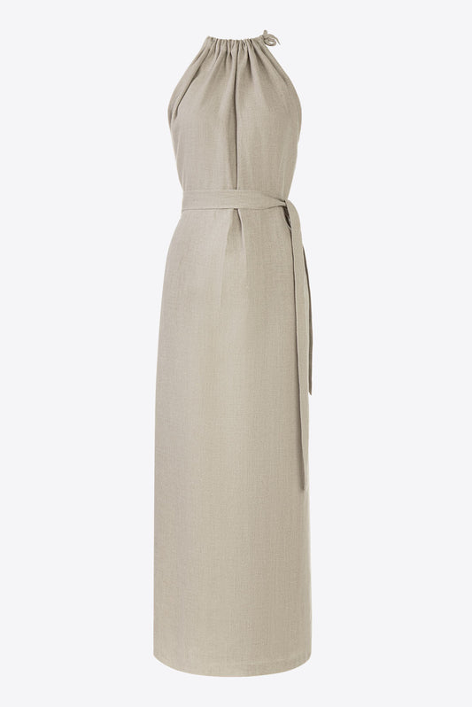 Lniana sukienka maxi elegancka beżowa - Amalfi od Holystic.pl