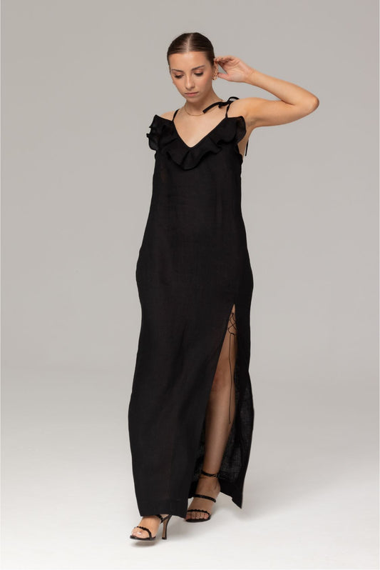 Lniana sukienka na ramiączkach z falbankami