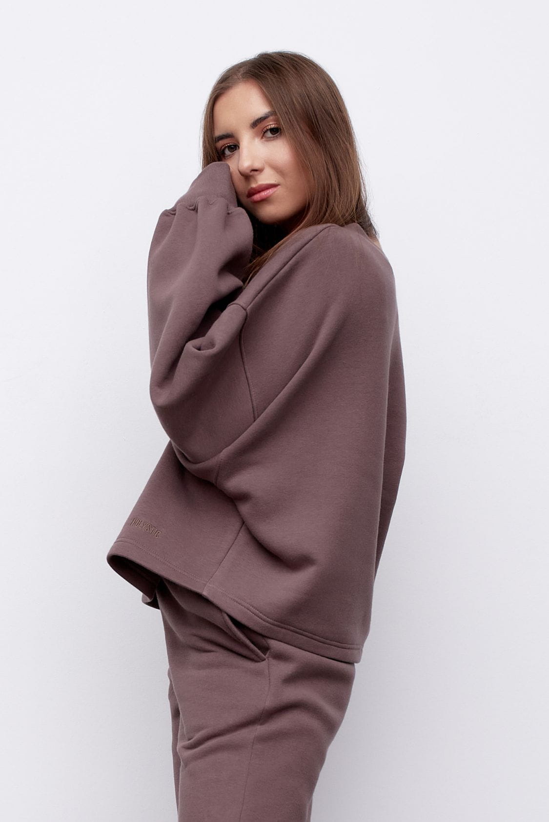 Bawełniana bluza damska oversize bez kaptura, brązowa - Holystic