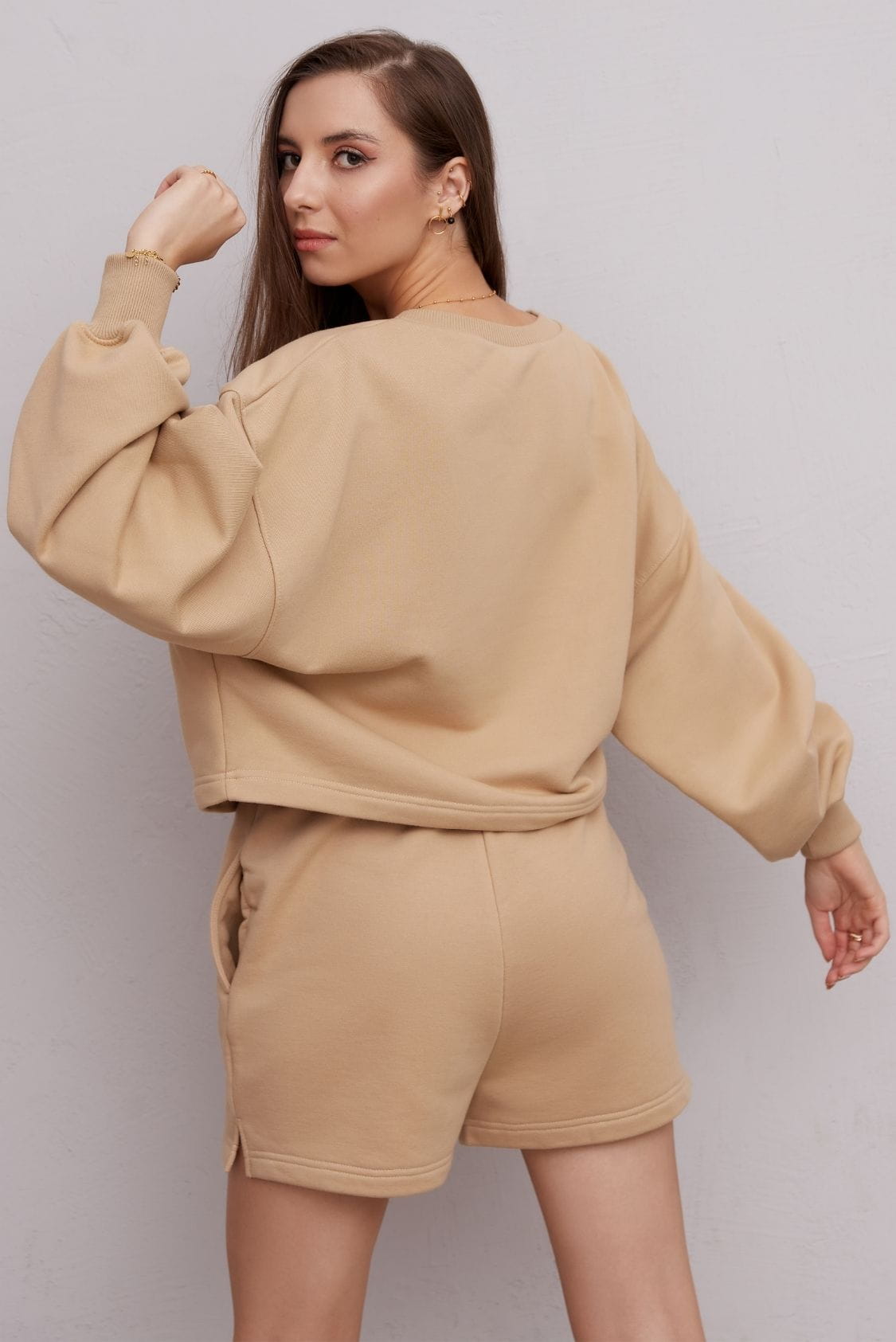 Bawełniana bluza damska oversize bez kaptura, beżowa - Holystic