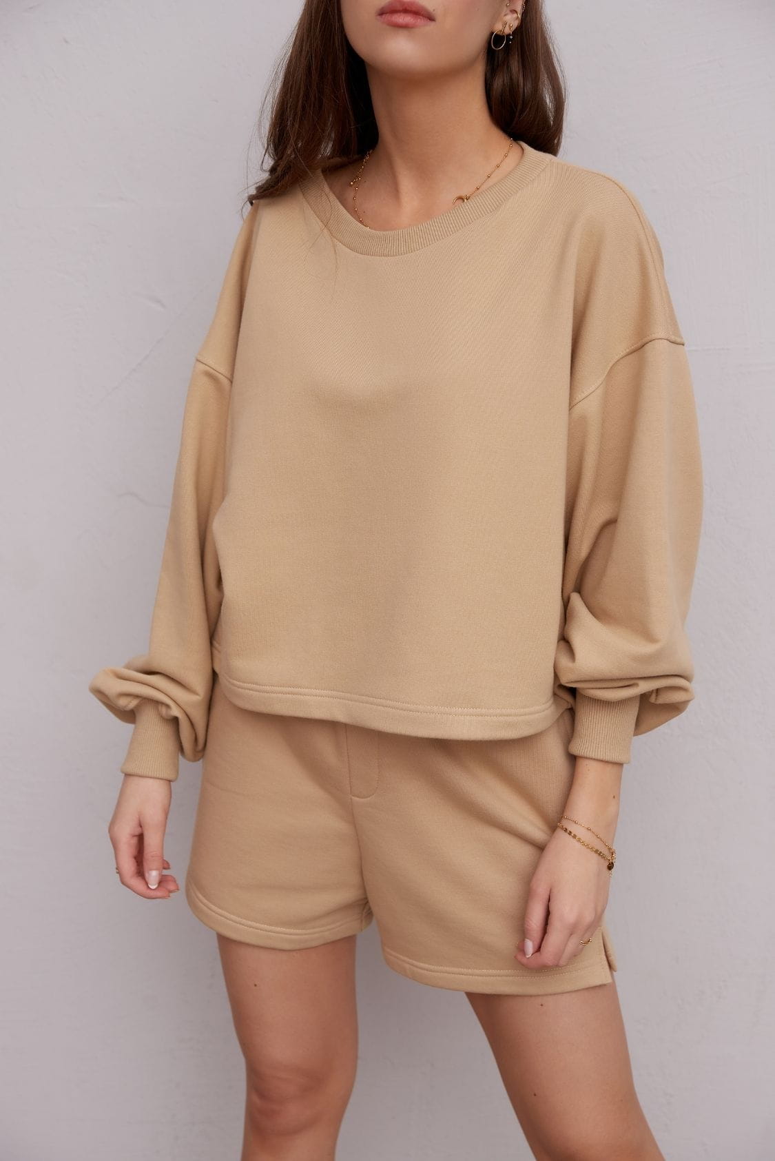 Bawełniana bluza damska oversize bez kaptura, beżowa - Holystic