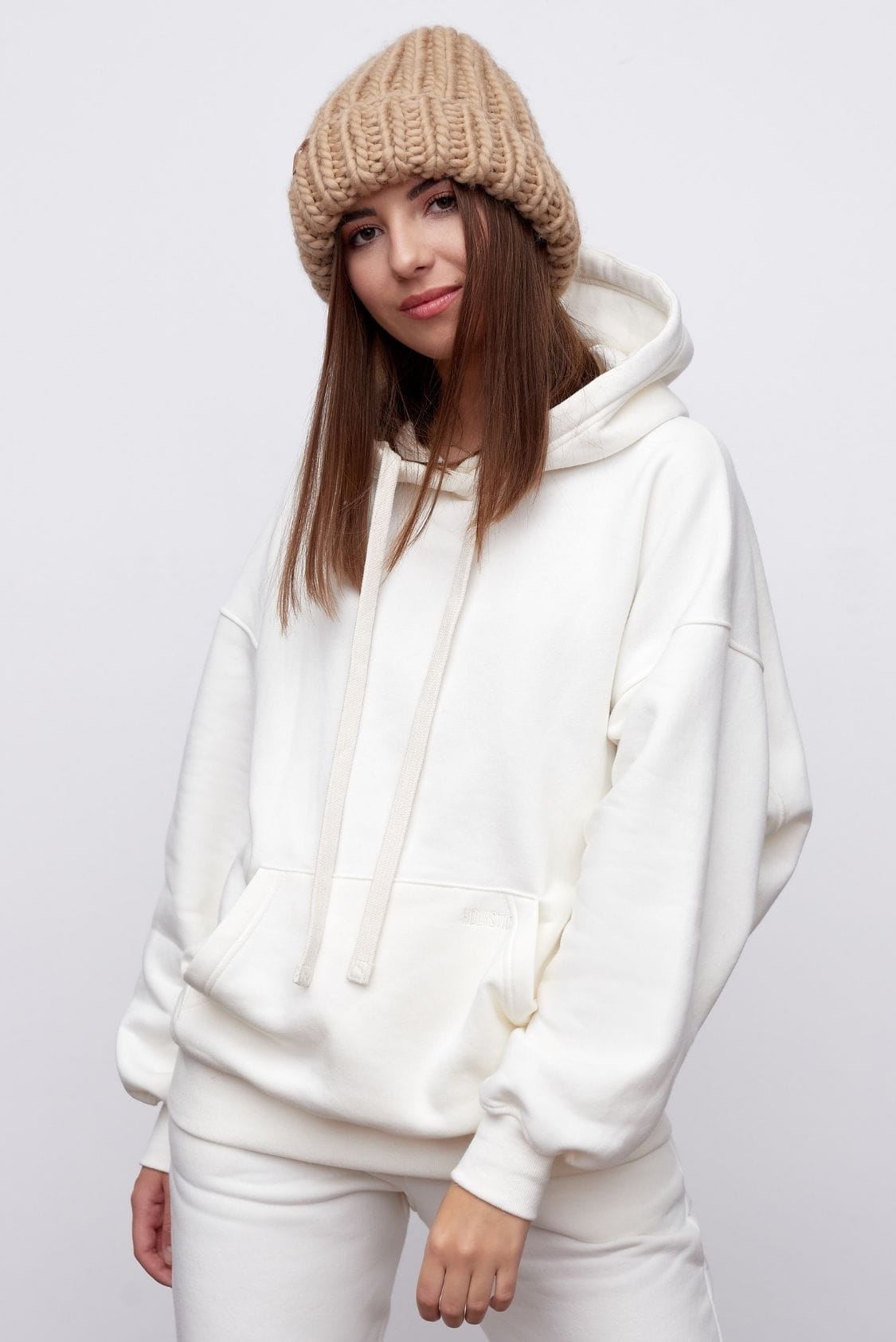 Bawełniana bluza damska oversize długa z kapturem, biała - Holystic