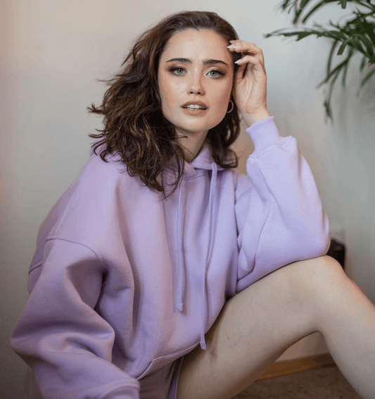 Bawełniana bluza damska oversize długa z kapturem, fioletowa - Holystic