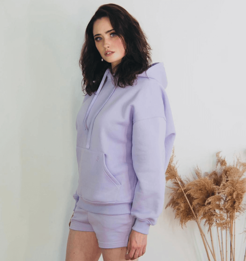 Bawełniana bluza damska oversize długa z kapturem, fioletowa - Holystic