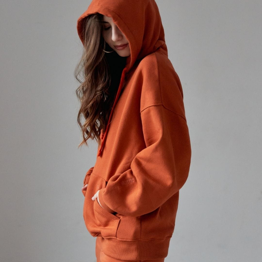 Bawełniana bluza damska oversize długa z kapturem, ginger - Holystic