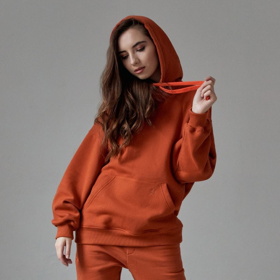 Bawełniana bluza damska oversize długa z kapturem, ginger - Holystic