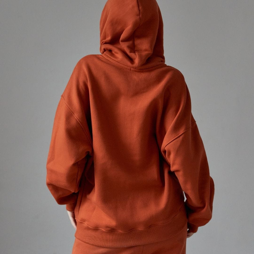 Bawełniana bluza damska oversize długa z kapturem, ginger - Holystic