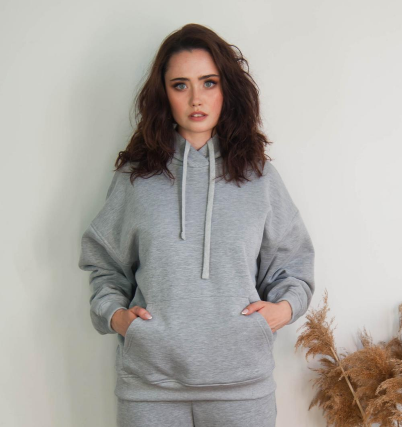 Bawełniana bluza damska oversize długa z kapturem, szara - Holystic