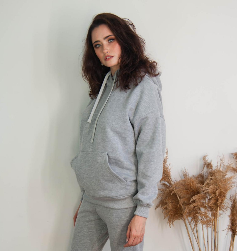 Bawełniana bluza damska oversize długa z kapturem, szara - Holystic