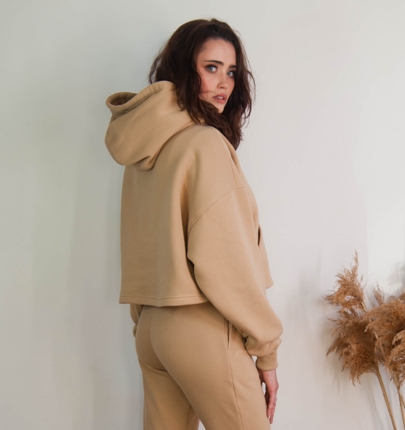 Bawełniana bluza damska oversize krótka z kapturem, beżowa- Holystic