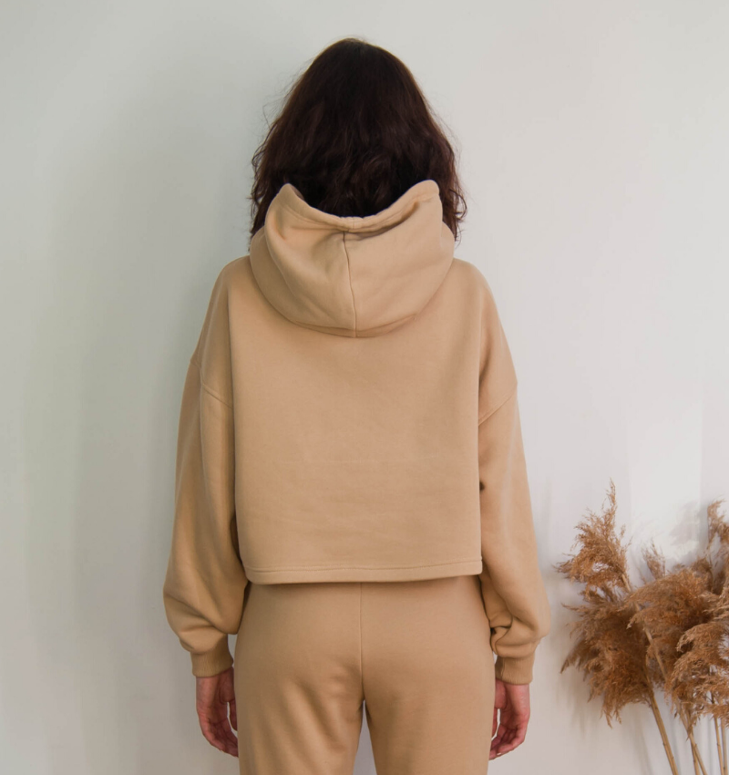 Bawełniana bluza damska oversize krótka z kapturem, beżowa- Holystic