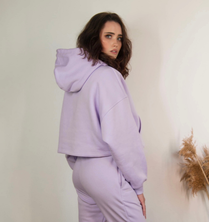 Bawełniana bluza damska oversize krótka z kapturem, fioletowa - Holystic