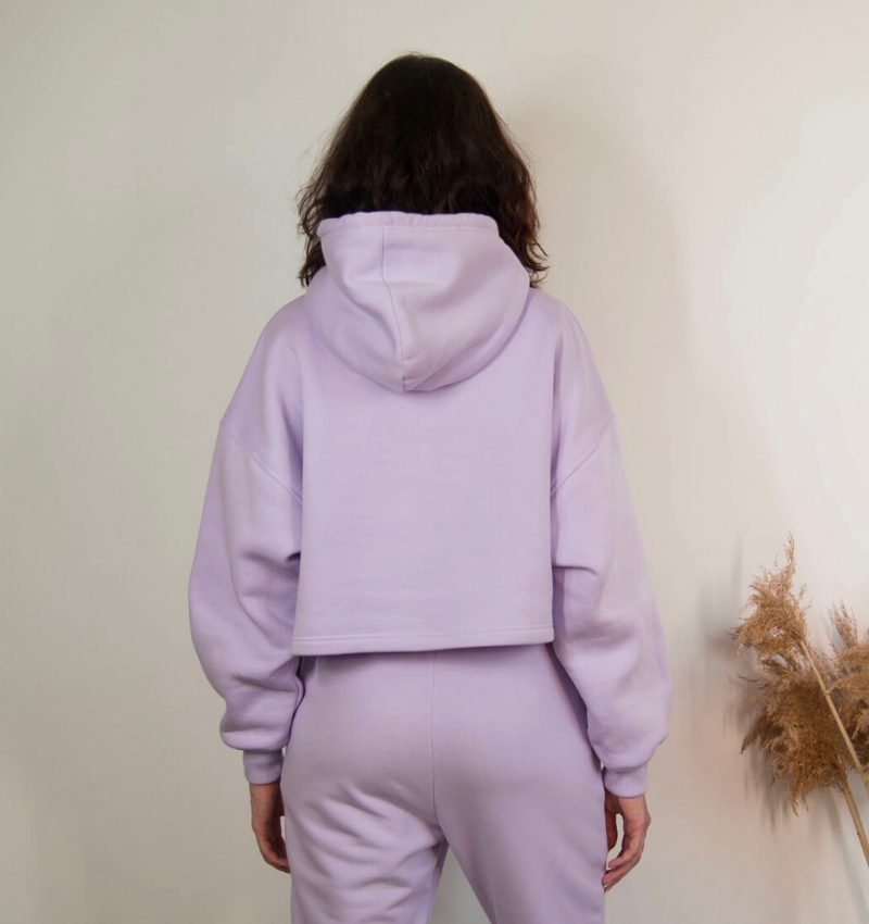 Bawełniana bluza damska oversize krótka z kapturem, fioletowa - Holystic