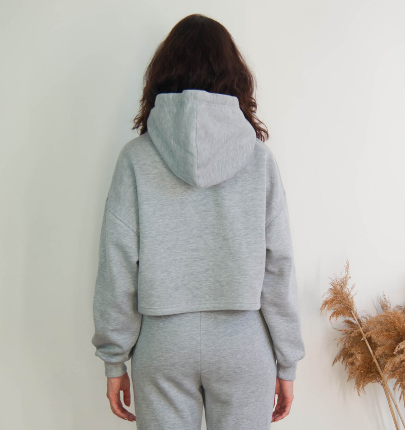 Bawełniana bluza damska oversize krótka z kapturem, szara - Holystic