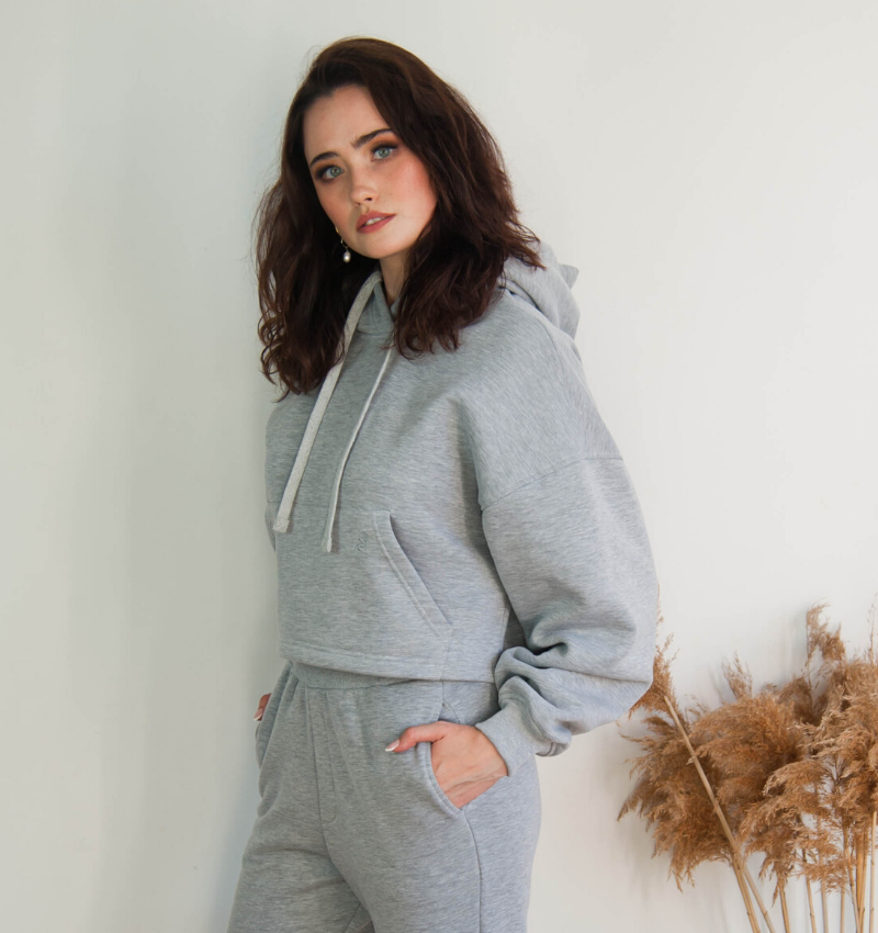 Bawełniana bluza damska oversize krótka z kapturem, szara - Holystic