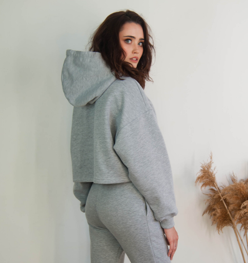 Bawełniana bluza damska oversize krótka z kapturem, szara - Holystic