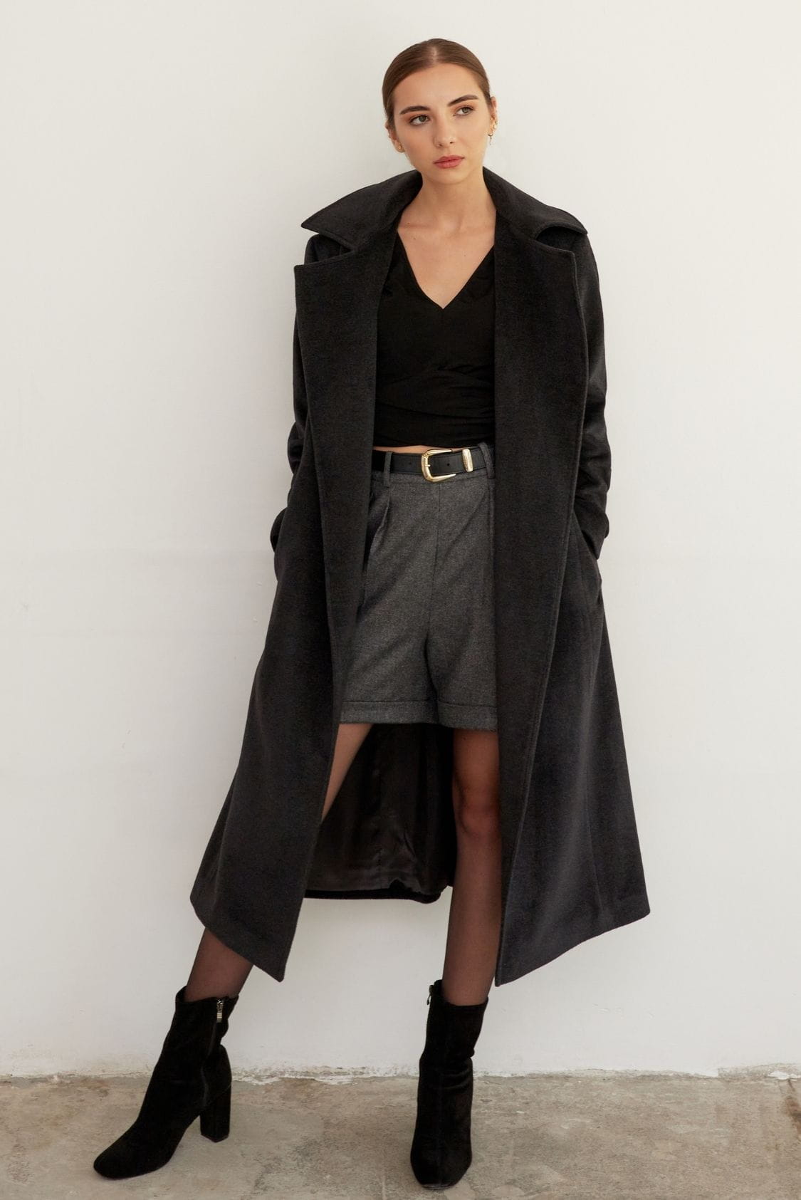 Długi płaszcz szlafrokowy 100% wełna, ciemny grafit - Holystic Aurora