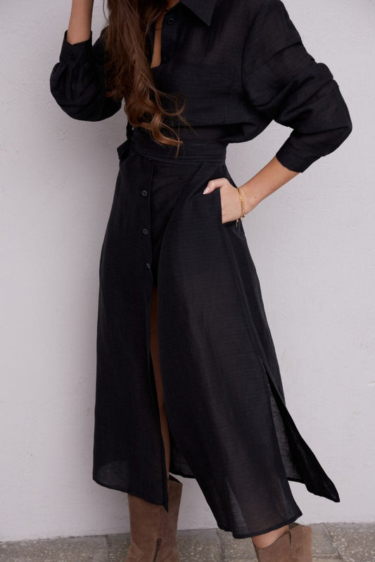 Sukienka koszulowa długa, maxi z lnu, czarna - Holystic
