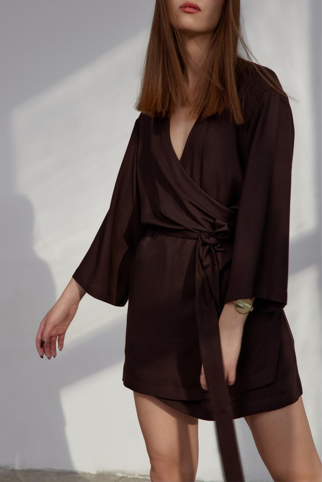 Sukienka kimonowa z lnu i wiskozy, brązowa - Holystic