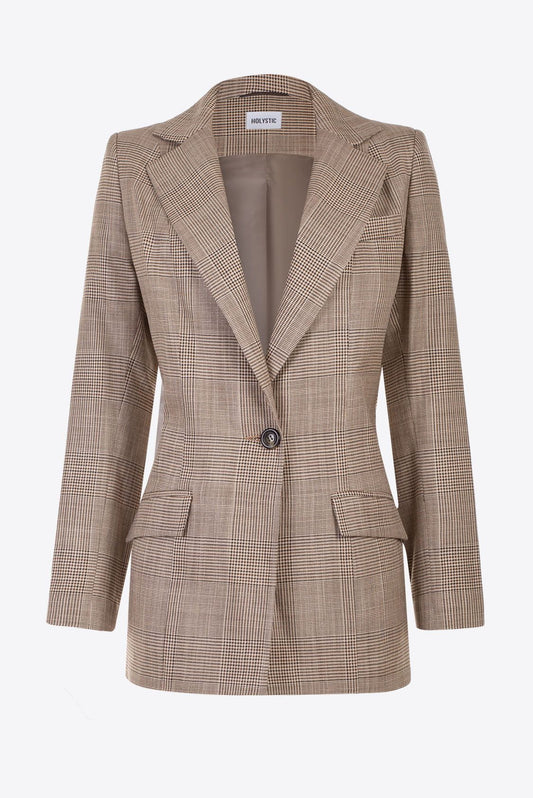 Wełniana marynarka w kratę damska, beżowa - Holystic