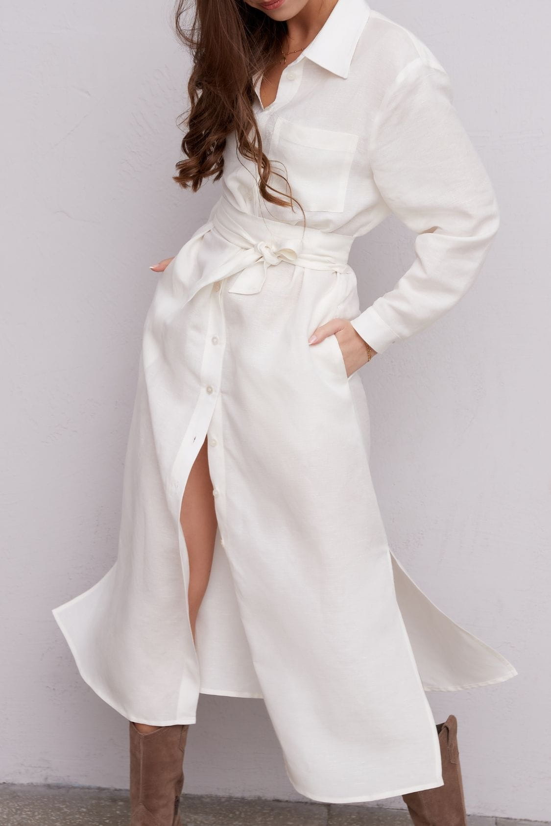 Sukienka koszulowa długa, maxi z lnu, biała - Holystic