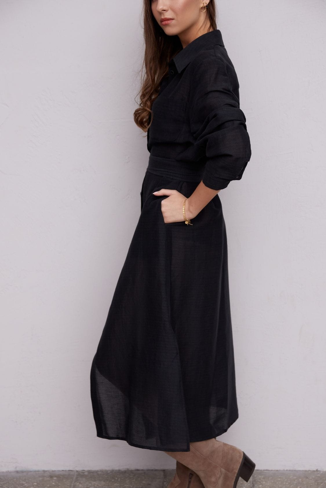 Sukienka koszulowa długa, maxi z lnu, czarna - Holystic