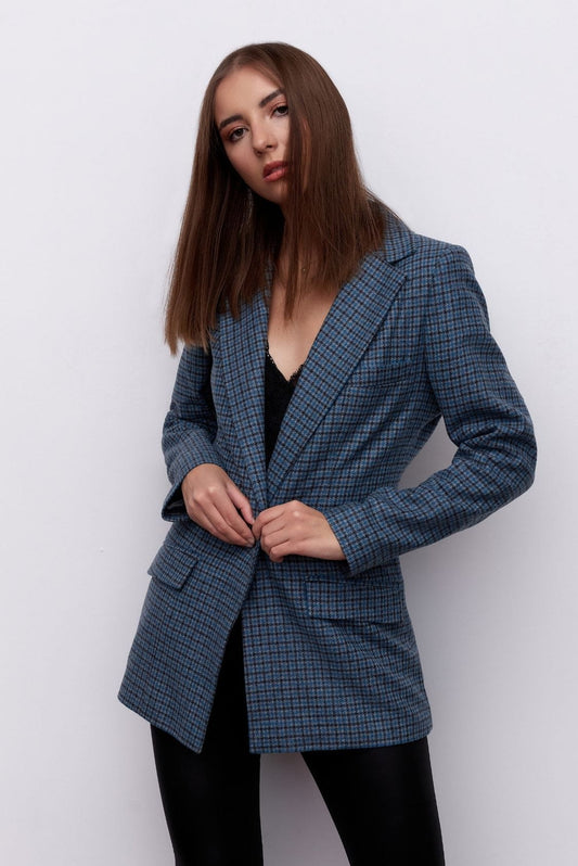 Marynarka taliowana 100% wełna w kratę, niebieska - Holystic